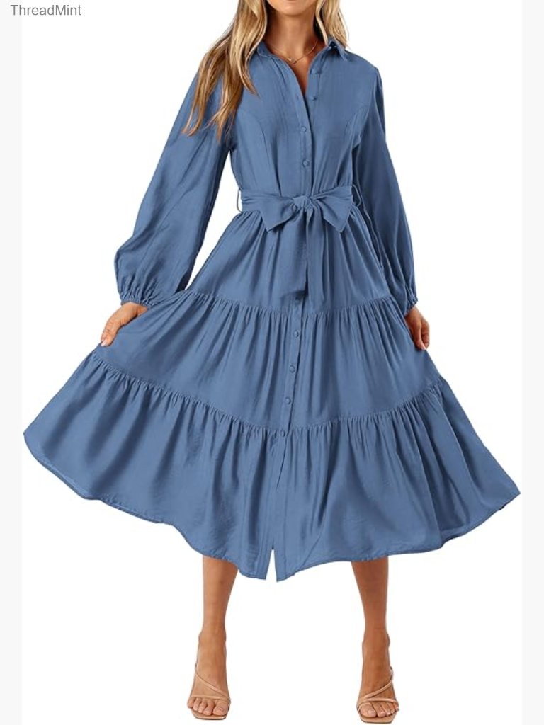 Long Sleeve V-Neck Midi Dress With Tie Waist, A-Line Silhouette, Button Front